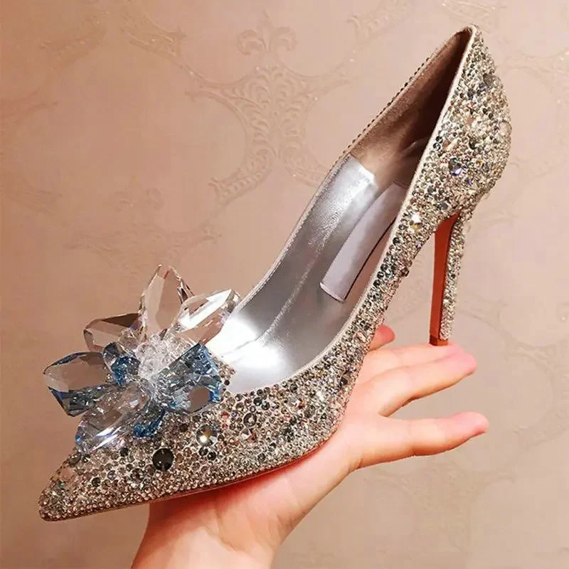 Luxury Crystal Shoes Pointed Thin Heel Sexy Shallow Mouth Female High Heels Silver Rhinestone Wedding Shoes