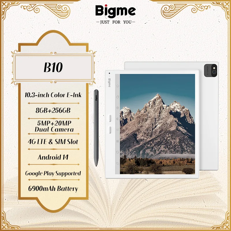 Bigme E-Book-Reader B10, 10,3'' Farb-E-Ink-Bildschirm, Dual-Kamera, 8+256GB, Android 14, Papierähnlicher E-Reader mit 4G-Anruffunktion, 6900mAh Akku