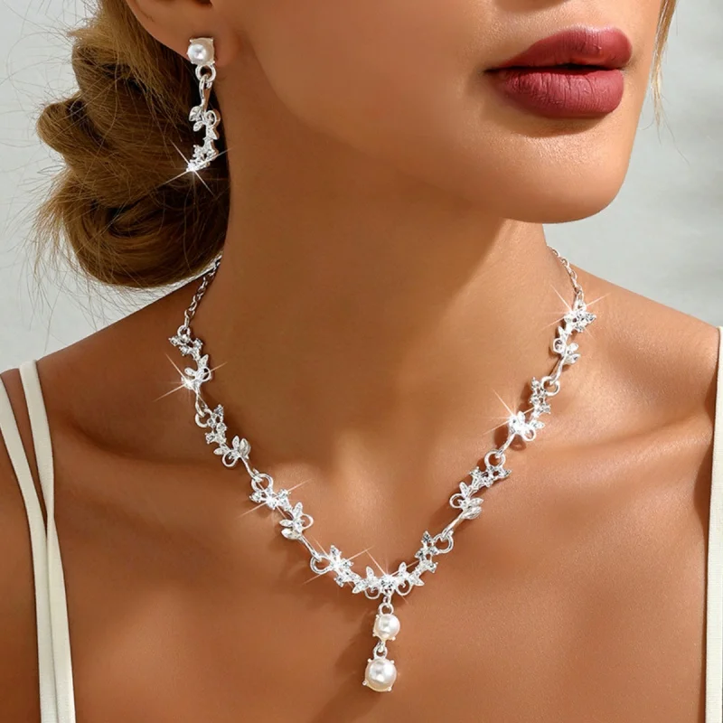 

Bridal Necklace and Earrings Two-Piece Set Wedding Dress Accessories Korean Style Collarbone Chain Women's Crystal Jewelry Weddi