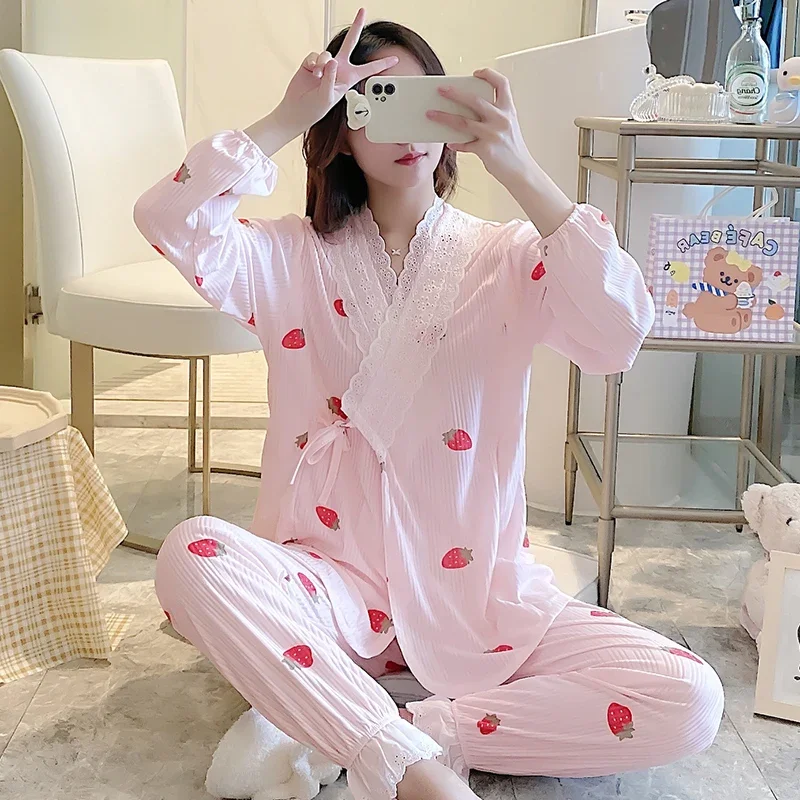 

Spring Postpartum Woman Lactation Clothes Set Pajamas Nursing Suits Fashion Print Maternity Feeding Nightgown Cotton Lounge Sets