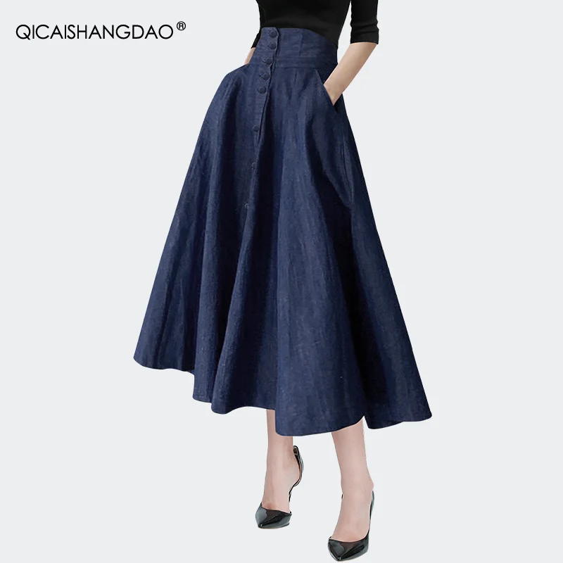 Vintage Women' Blue Jeans Skirt High Waist A-line Pleated Denim Cloth Skirts With Pockets Loose Plus Size Big Swing Midi Bottom