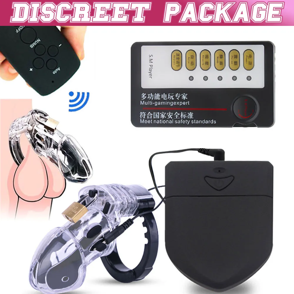 Mens Adjustable Shock Penis Cock Cage E-Stim Chastity Device  Electro control box with Remote Controller