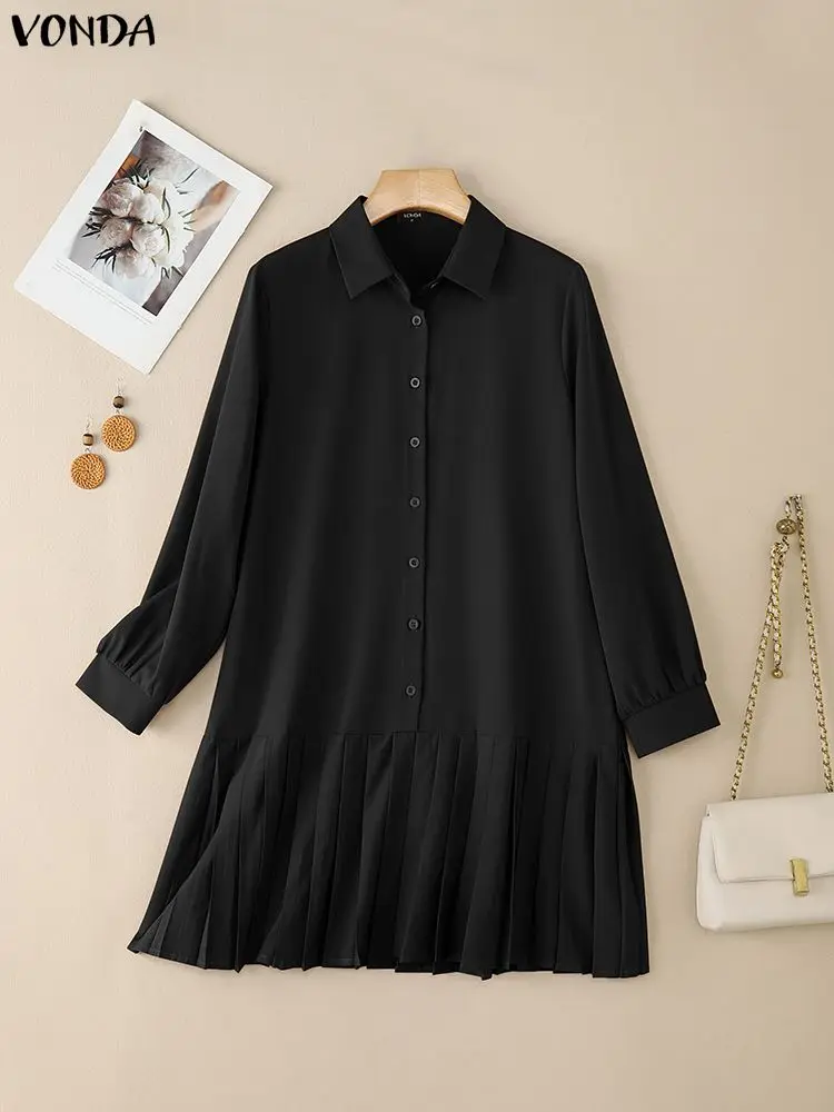 VONDA Frauen Mode Herbst Vestidos Hemd Kleider 2025, Langarm Solide Elegante Mini Sommerkleid Revers Tasten Rüschen Casual Robe