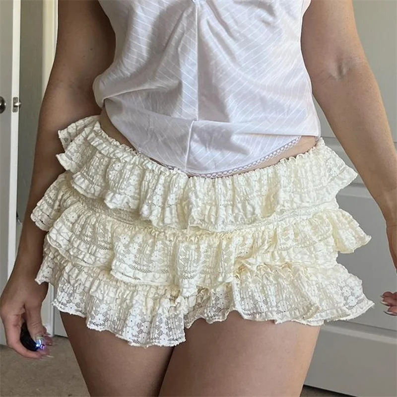 Sweet Ruffles Shorts With Frill Women Kawaii Lolita Bloomers Shorts Elastic Waist Lace Layer Ruched Shorts Skirt Party Clubwear