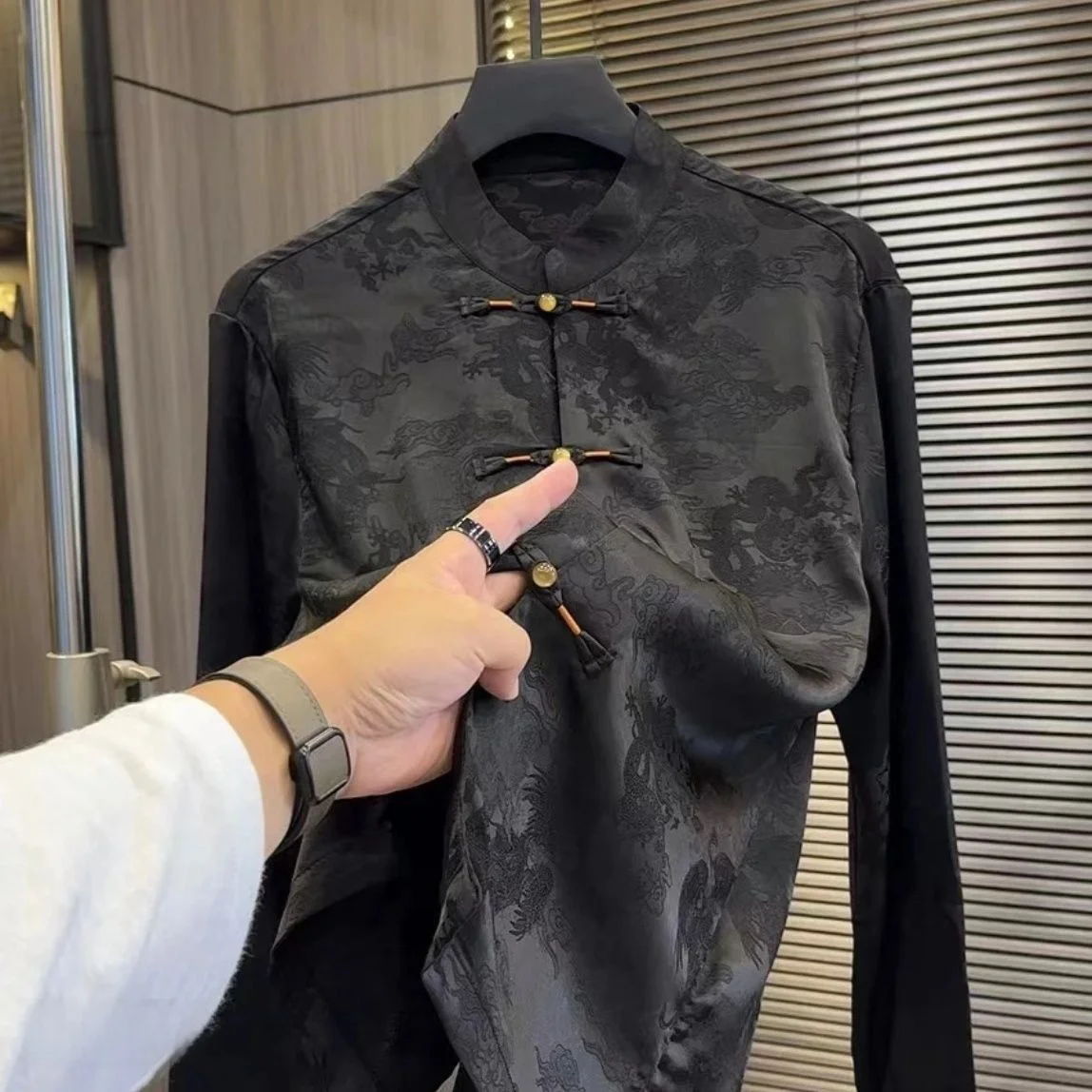 

Новая весенняя мужская традиционная китайская рубашка с воротником-стойкой, базовый слой, модная вышивка, повседневная рубашка, универсальный полиэстер