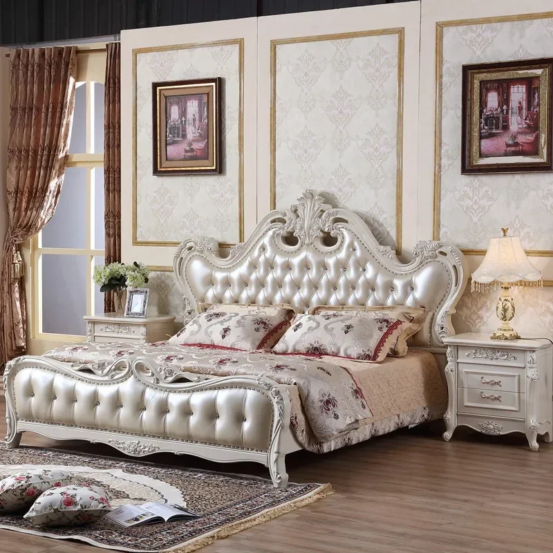 European Carved Leather Bed Wedding Bed 1.8m Furniture Leather All Solid Wood Carved Bed Princess