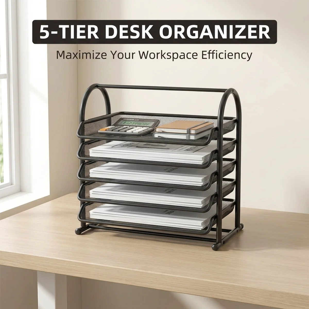 

5-ярусный стальной органайзер для документов, вместительная настольная подставка для бумаг, гладкие края, защита от ржавчины, простая сборка для офиса