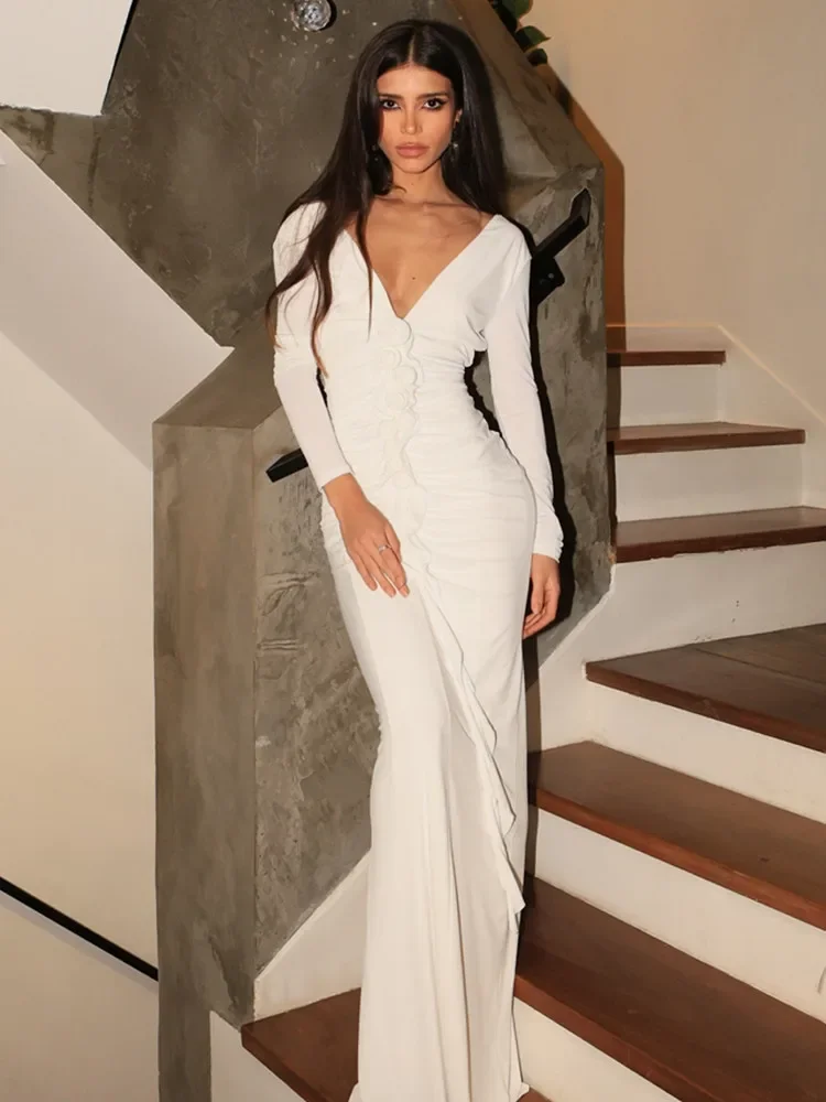 

2025 Women Celebrity Sexy Long Sleeve V Neck Flower White Maxi Long Gowns Dress Elegant Evening Party Club Vestido