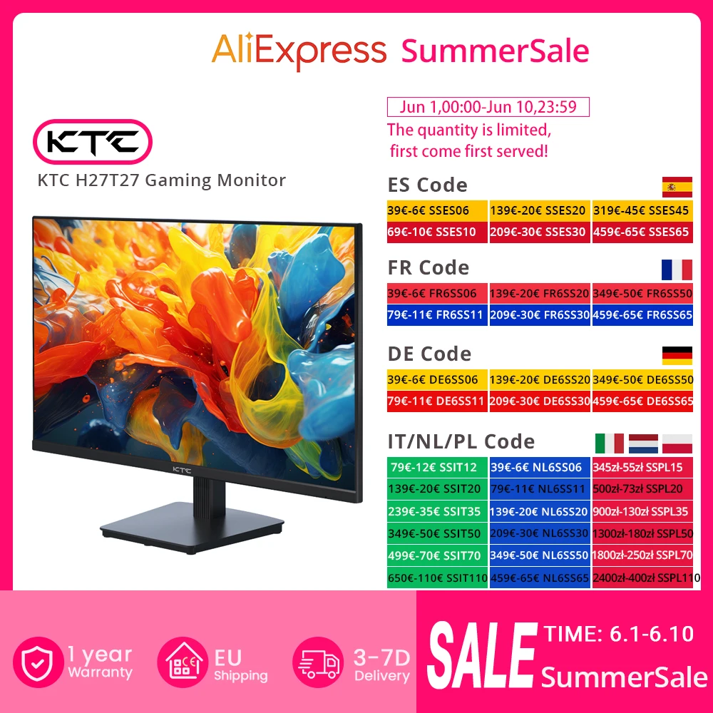 Moniteur de jeu KTC H27T27, écran IPS 27" 2560x1440, taux de rafraîchissement 100 Hz, temps de réponse HDR10 1 ms, faible lumière bleue et sans scintillement