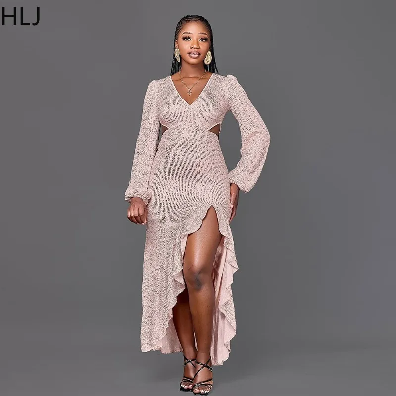HLJ أنيقة الترتر كشكش المرقعة Bodycon فستان طويل المرأة مشرقة كم طويل العميق الخامس الرقبة فساتين الإناث كلوبوير Vestidos