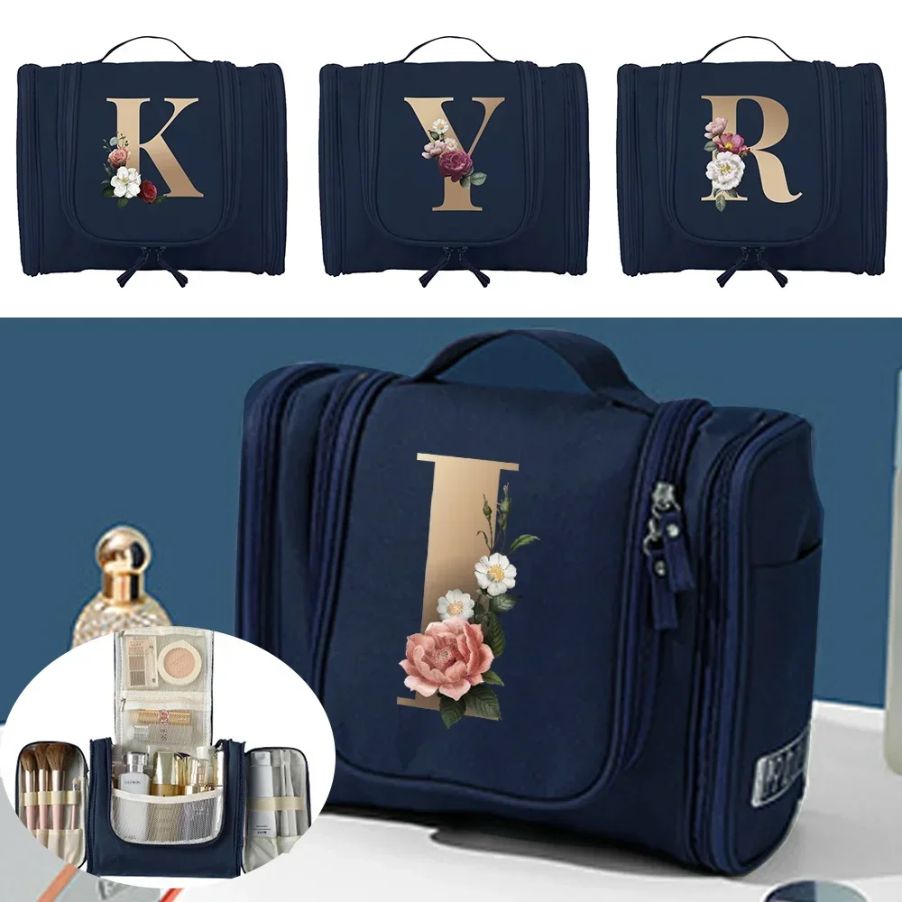 

Washing Toiletry Kits Storage Bags Unisex Cosmetic Bag Hanging Travel Organizer Bag Gold Letter Pattern Women Travel Makeup Bag