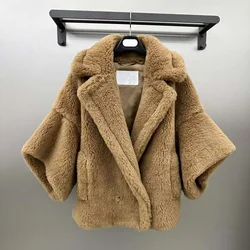 Teddy Bear Solid Color Cape Style Women Coat Winter Short Length Thick Warm Turn-Down Collar Sheep Wool  Alpaca  Silk