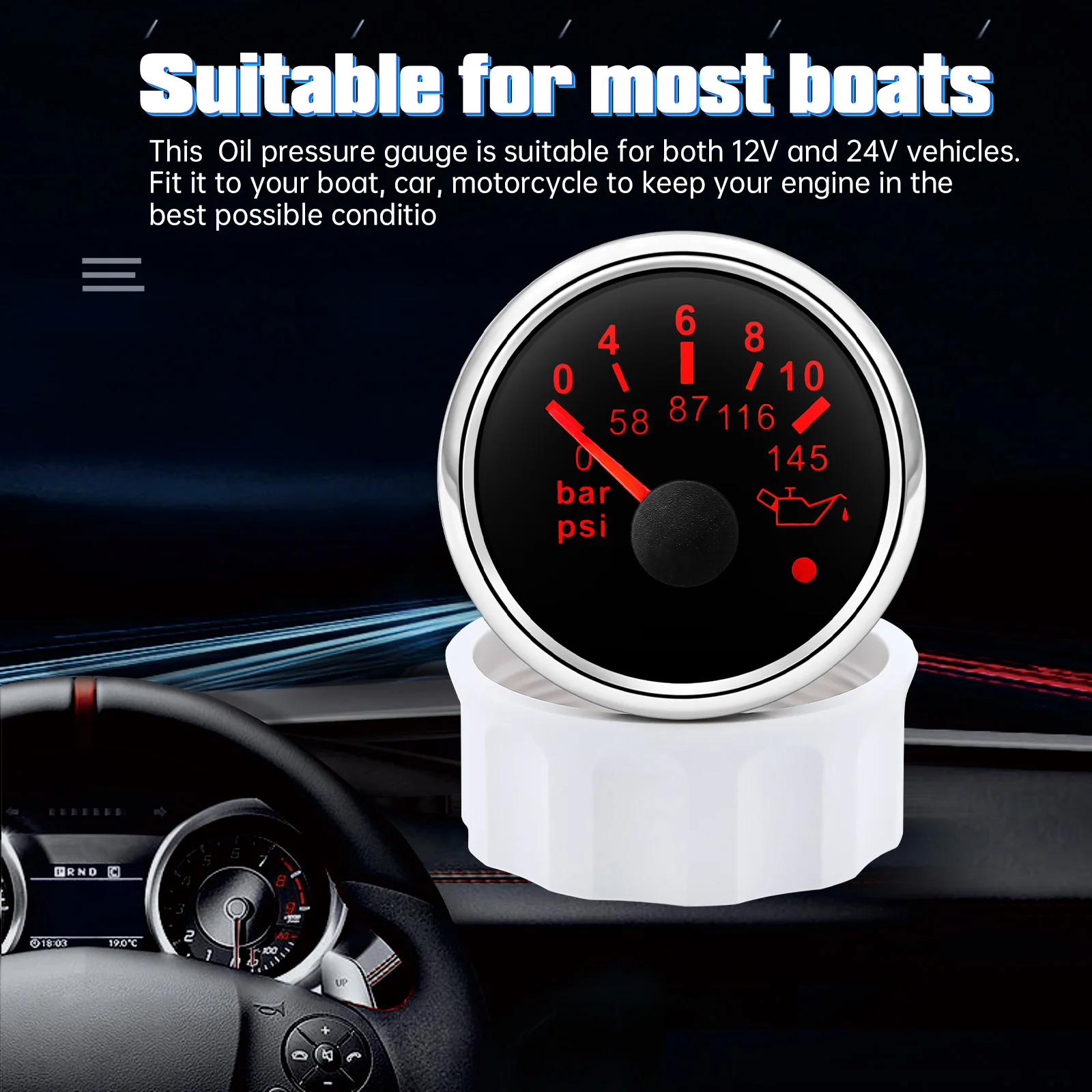 Red Backlight Oil Pressure Gauge Sensors Modification 0-10bar 0-145psi 52mm Oil Pressure Meters For Car Truck Boat M10x1 NPT1/8