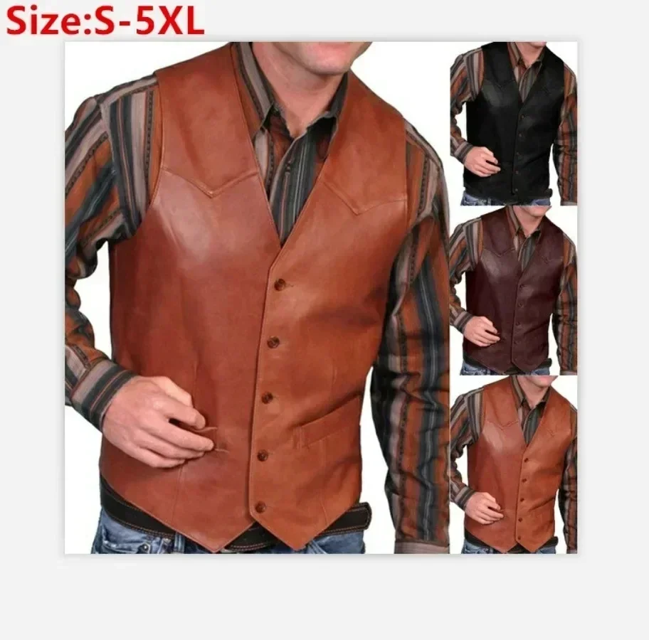 

New2024 Men's Casual Leather Vests Punk Style V-Neck Party Stage Performance Costume Business Waistcoat Sleeveless Vest Men Tops