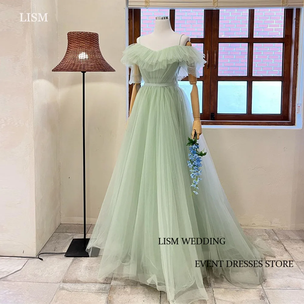 LISM Fairy Tulle Spaghetti Strap Korea Evening Dresses Off the Shoulder Real Picture Floor Length Formal Party Dress Photo Shoot