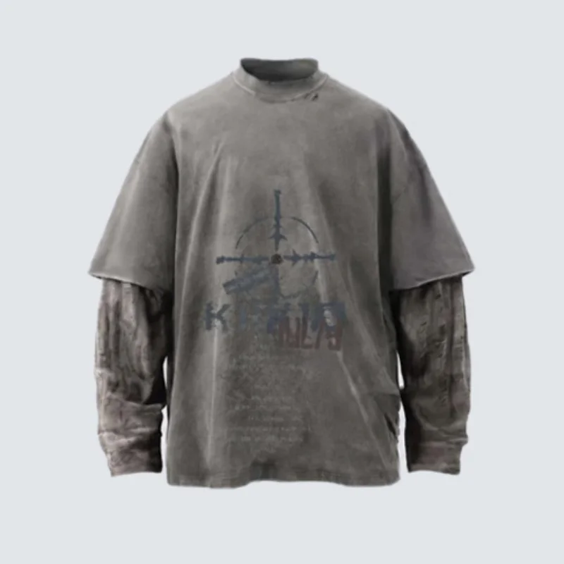 MWJLPWQ American Layered T-Shirt Men's Letter Print Washed Distressed Faux Two-Piece Design Heavy-Duty Ripped Tops Tide 21513