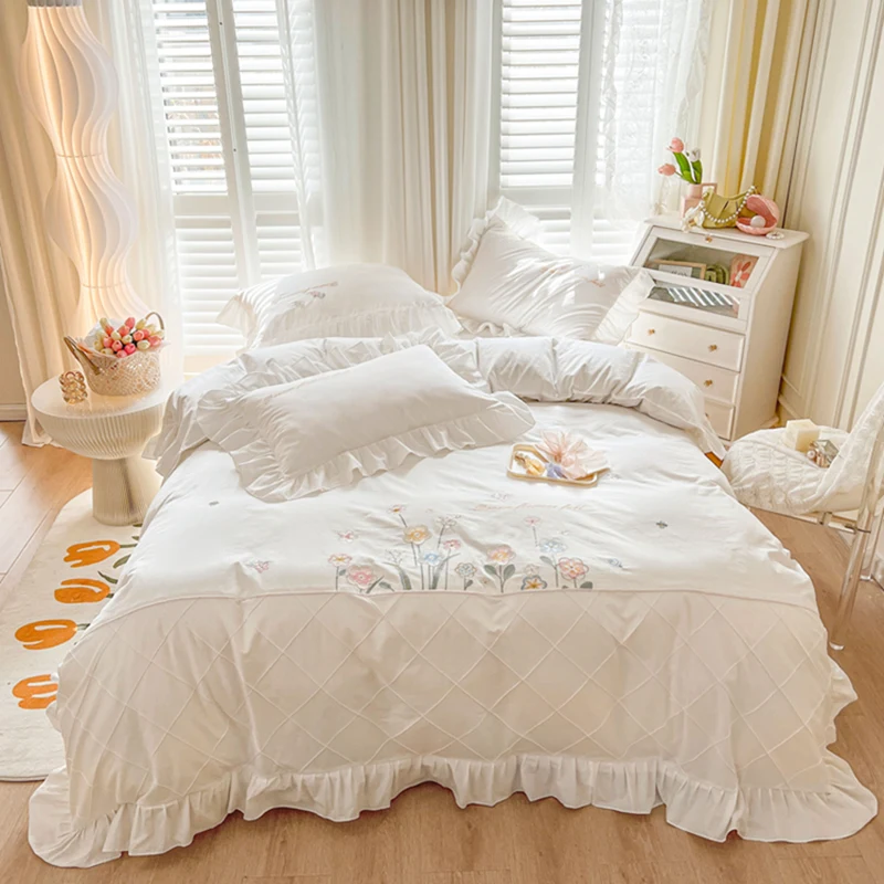 Ruffle Trim White Flower Embroidery Cotton Bedding Set Duvet Cover Linen Fitted Sheet Pillowcases Home Textile