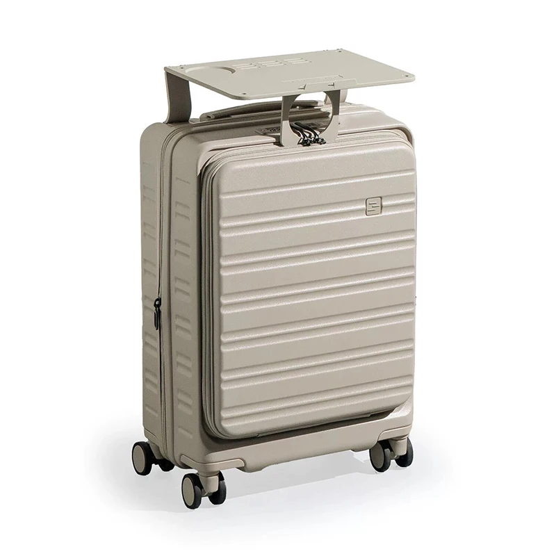 

Front-Opening Carry-On Suitcase with Fold-Out Tray and TSA Lock, Cup Holder Boarding Cabin Case Scalable Rolling Luggage Unisex