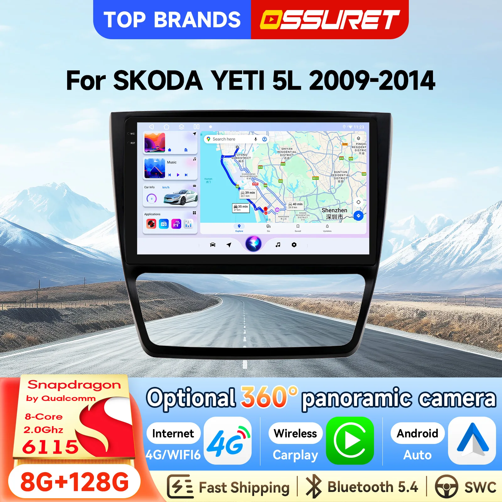 OSSURET Schneller Versand 10,1 Zoll 2-Din-Headunit Android 15 Autoradio für SKODA YETI 5L 2009-2014 mit Qualcomm Snapdragon 6115 Octa-Core GPS-Navigation Bluetooth SWC Wireless Carplay Android Auto