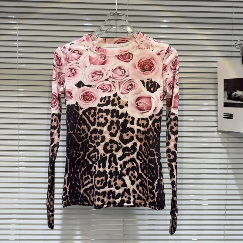 

BORVEMAYS Spring T-shirt Women Temperament O Neck Long Sleeve Printing Contrasting Colors Leopard Fashion Slim Tops WZ7854