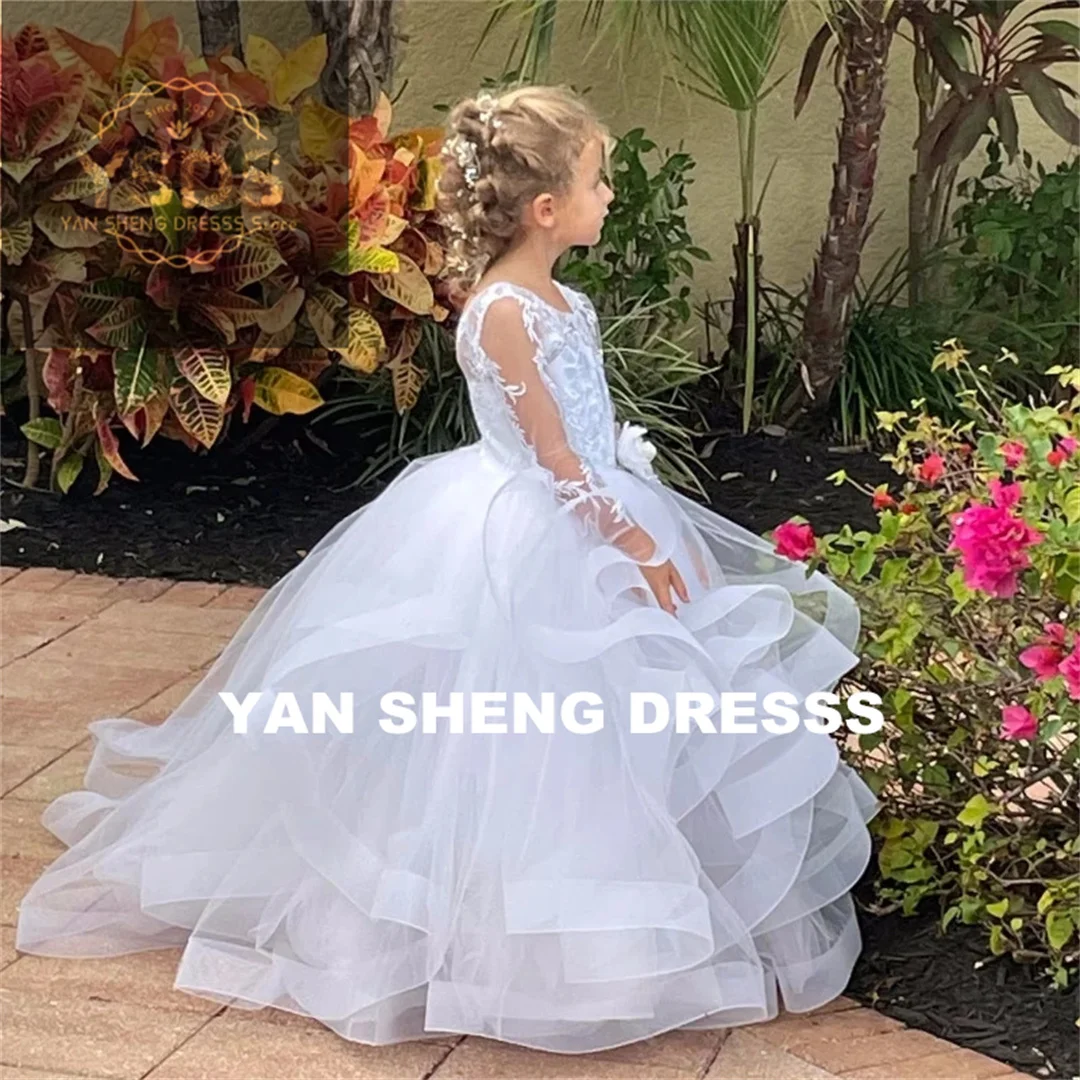Wedding Birthday Flower Girl Dresses White Tulle Puffy Tiered Appliques Sequin Long Sleeve For  First Communion Gowns