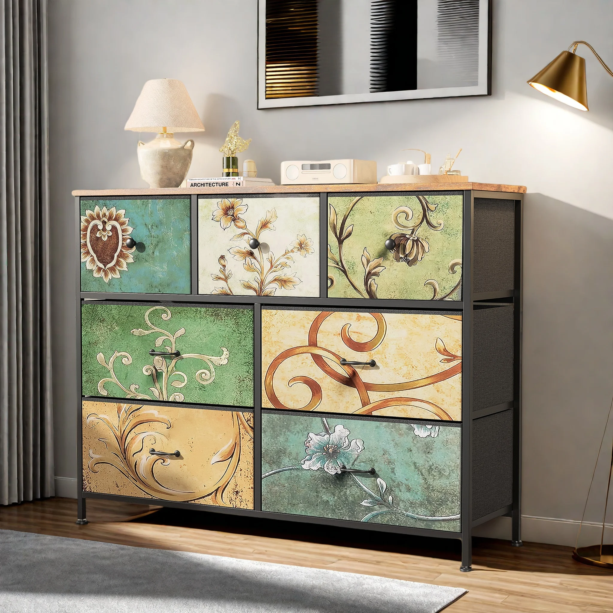 Rosahqnda Mueble vintage con cajones de tela, mueble para TV, cómoda para sala de estar, comedor, dormitorio, marco de hierro