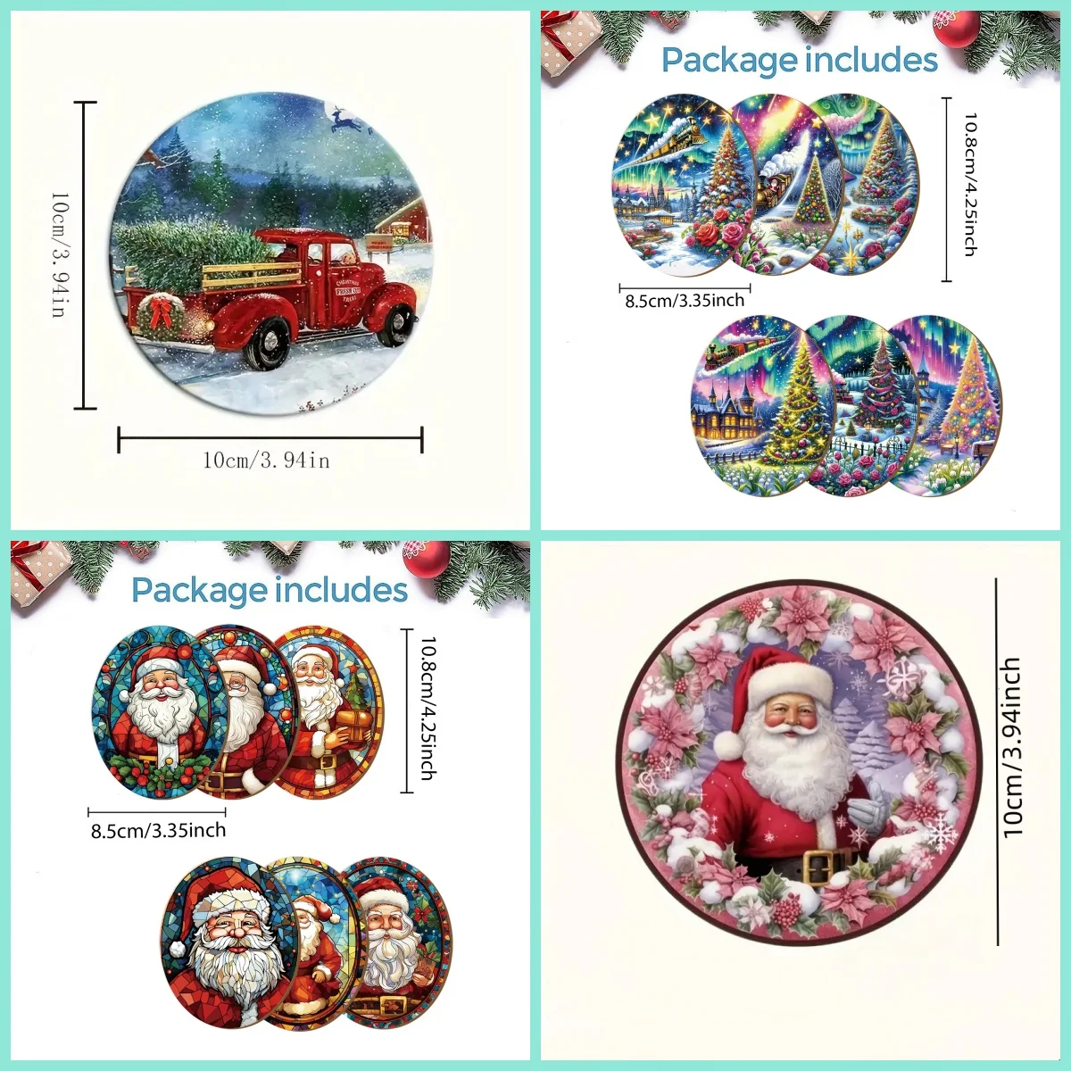 6/8 Pieces of round Coaster Santa Claus, car theme Pattern, wooden Material suitable for Coffee shop Desktop Decoration