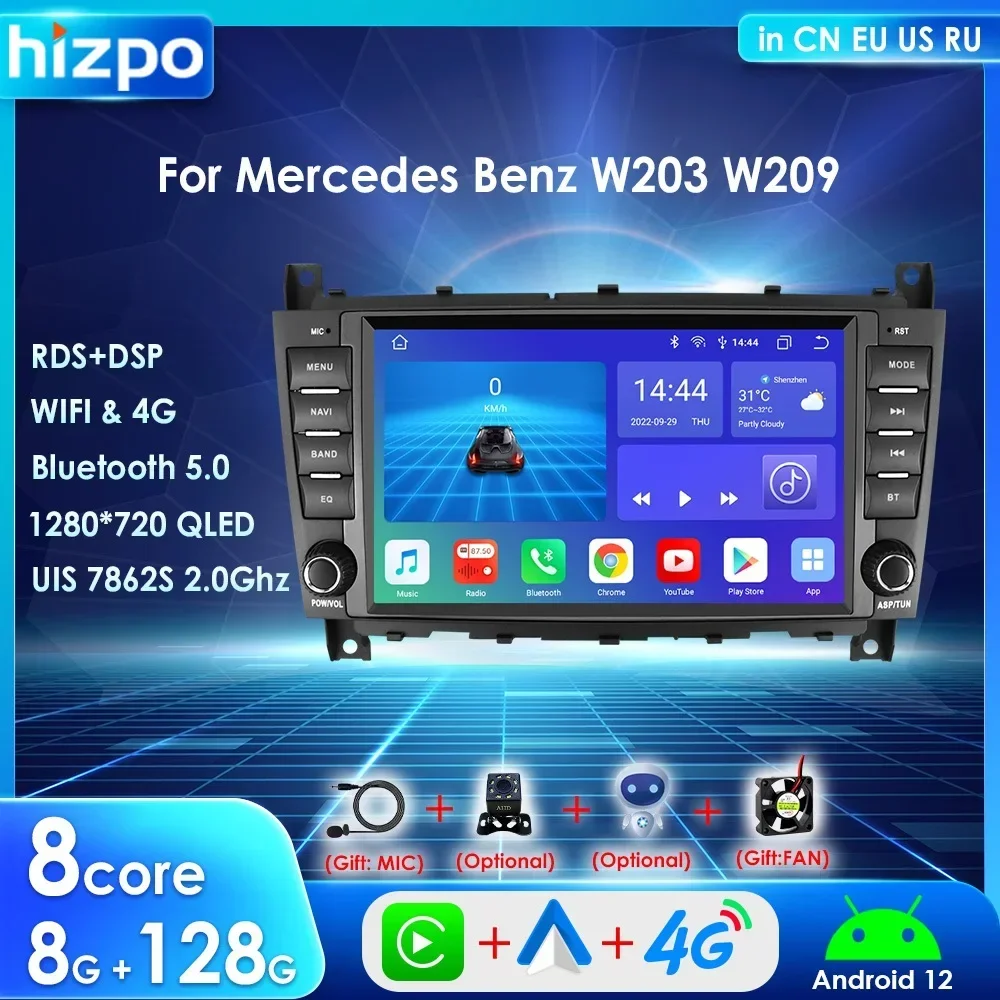 

Hizpo 8" 2din Carplay Screen for Mercedes-Benz C-class W203 CLC CLK W209 Android 12 Car Multimedia Player GPS Navi RDS BT DSP 4G