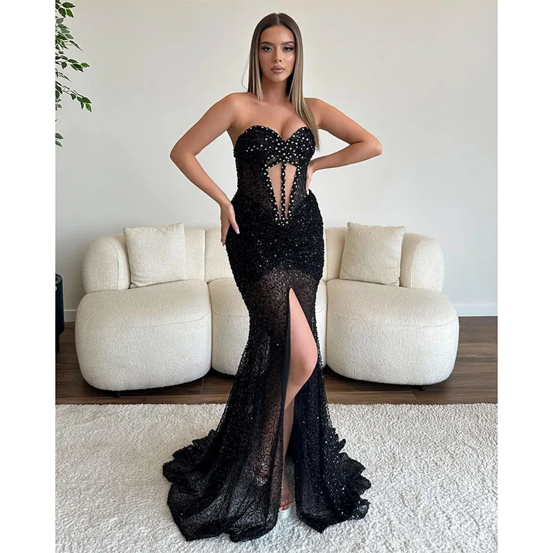 

Sexy black Mermaid Evening Dress Sweetheart Neck Prom Dress Split Illusion Beads Long Dress for Special Occasions Evening Gowns