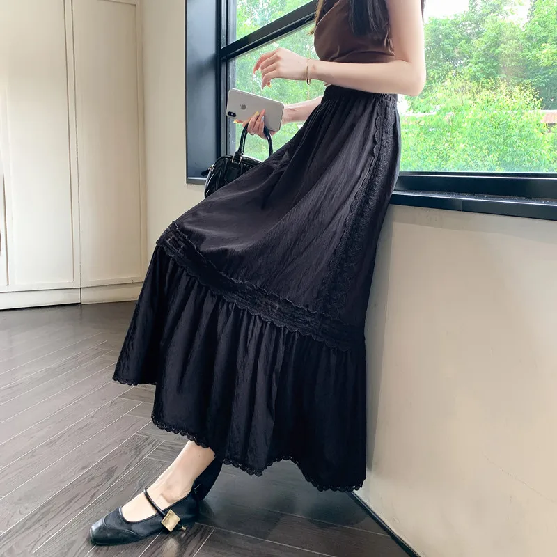 2024 New Spring Summer Women Elastic High Waist Slim Long Skirt High Quality Embroidery Lace Patchwork Big Hem Elegant Skirt