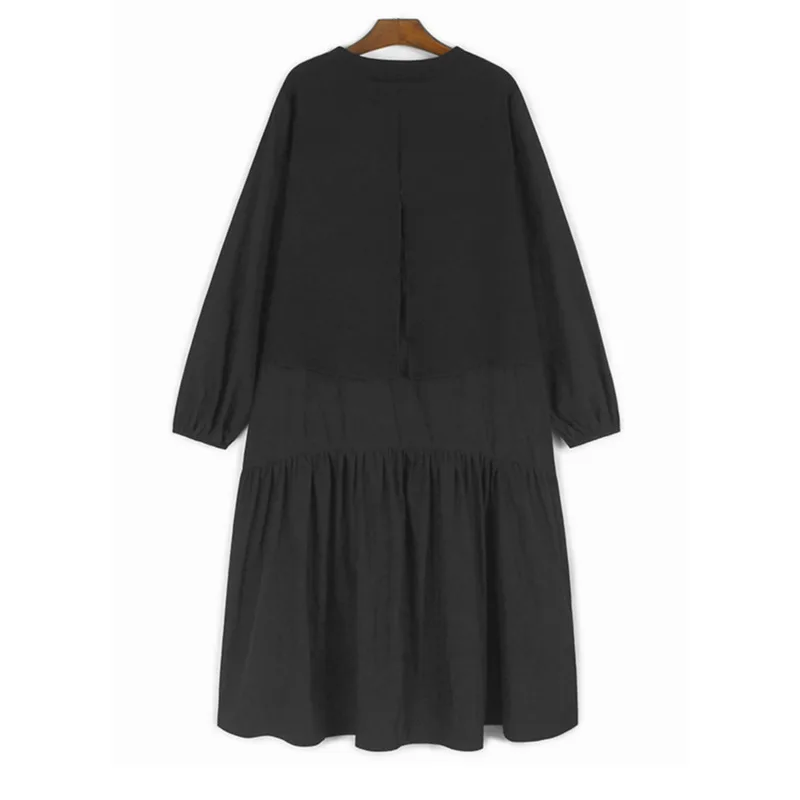 [فايب] فستان نسائي أسود كاذب بحاشية مكشكشة مقاس كبير فستان ميدي جديد برقبة دائرية وأكمام طويلة موضة المد ربيع الخريف 2025