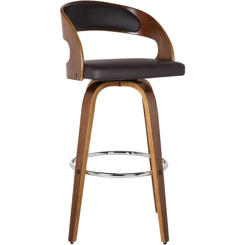 Shelly 26" Seat Height Mid Century Modern Swivel Bar Stool for Kitchen Island Counter in Brown Faux Leather and Walnut Wood