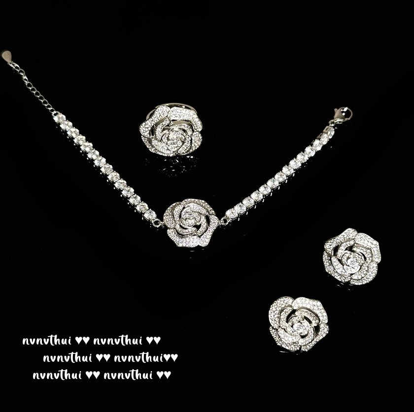 Elegant Luxury 925 Silver Color Camellia Jewelry Sets Dazzling Cubic Zirconia Stone Ring Earring Bracelet Women Anniversary Gift