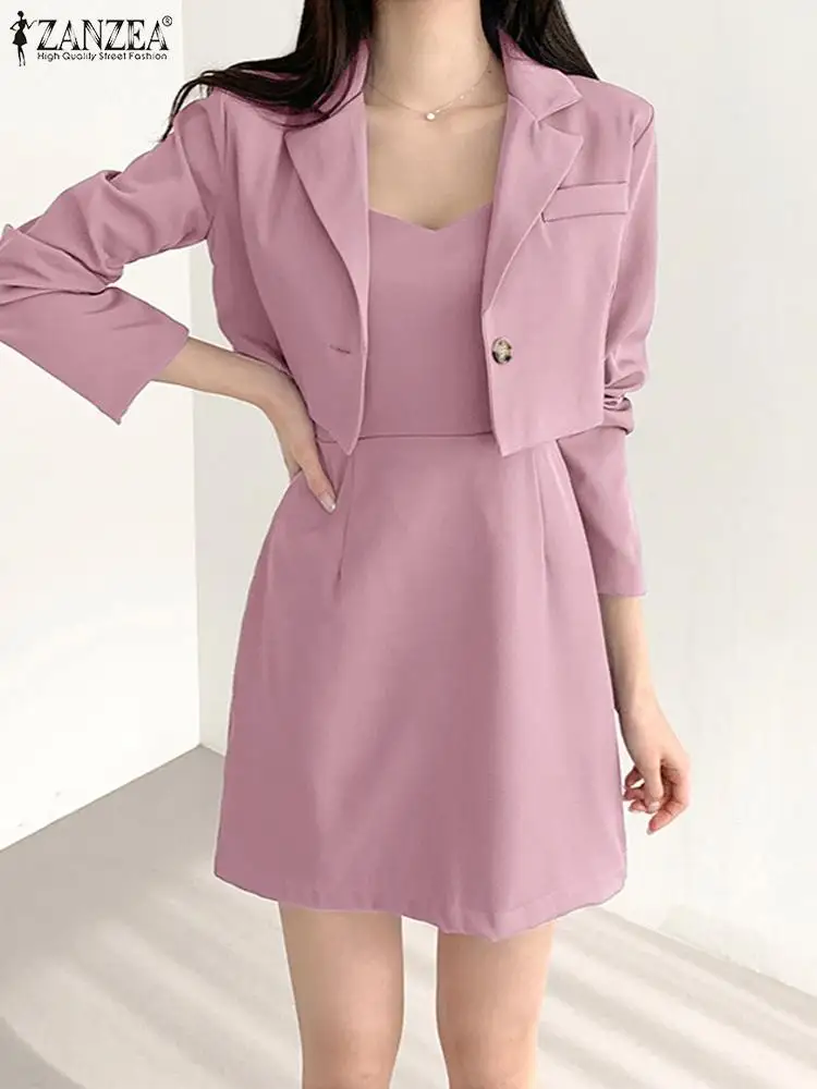 ZANZEA Fashion Suit 2PCS Lapel Long Sleeve Blazer Elegant Straps Dress Woman Spring Solid Color Sets Casual Party Matching Sets