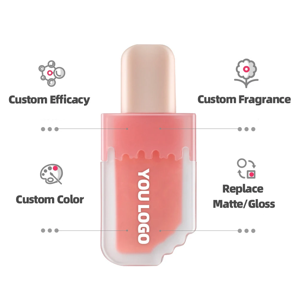 プライベートラベルアイスクリームリップグロスカスタムロゴ顔料長期的な保湿剤光沢のあるファインシマーメイクアップ卸売虐待フリー