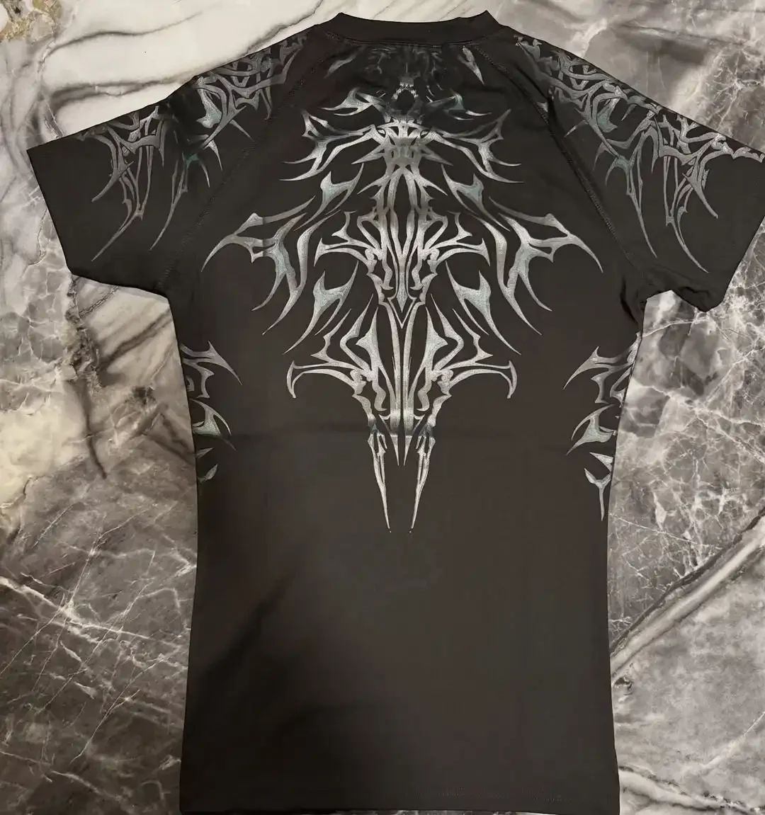 

Breathedivinity Cyber Goth Compression Tee Bio-Cooling Tech Quick Dry Workout Shirt Distressed Skull Graphic Y2K Darkwear Tops