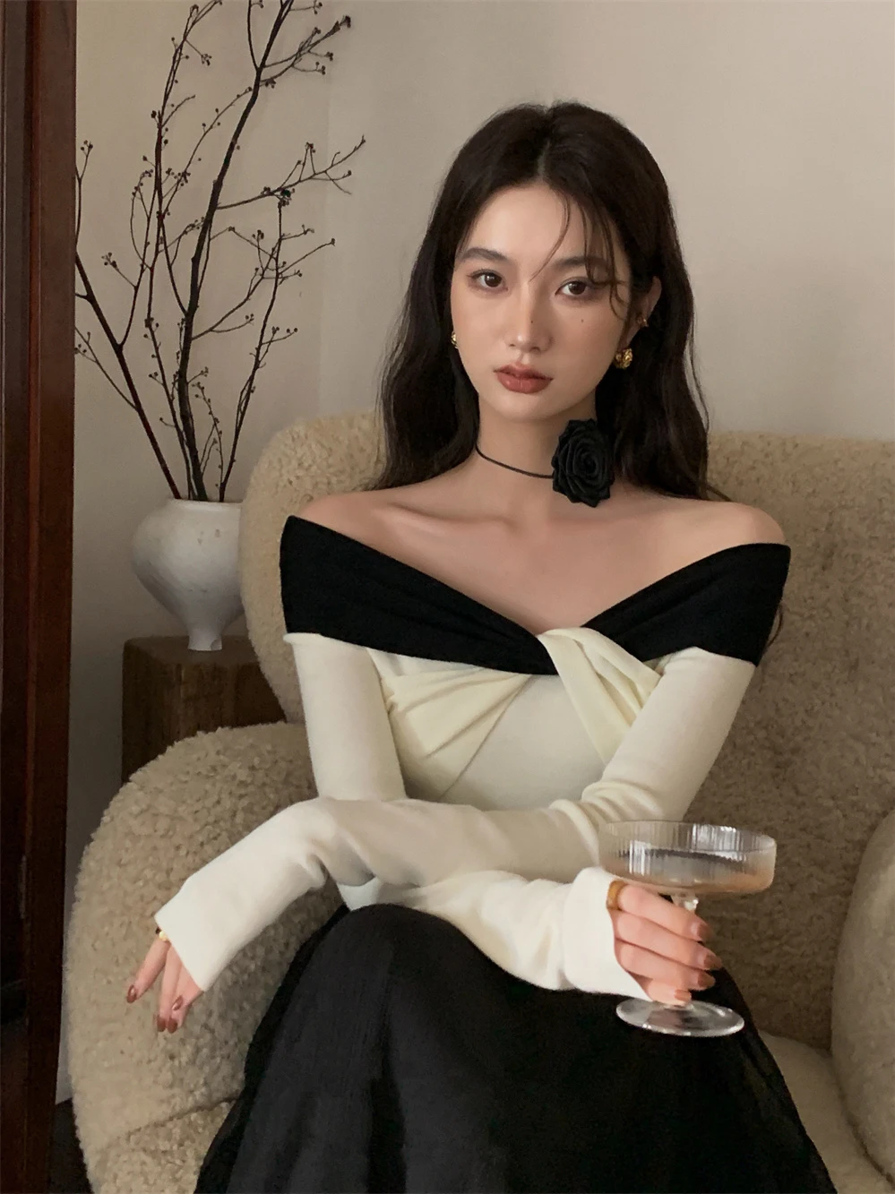 

Ele Slim Fit Knitted Sweater One oulder Color Blo Design New Autumn Faion for Women Comfortable Medium Gauge Long S...