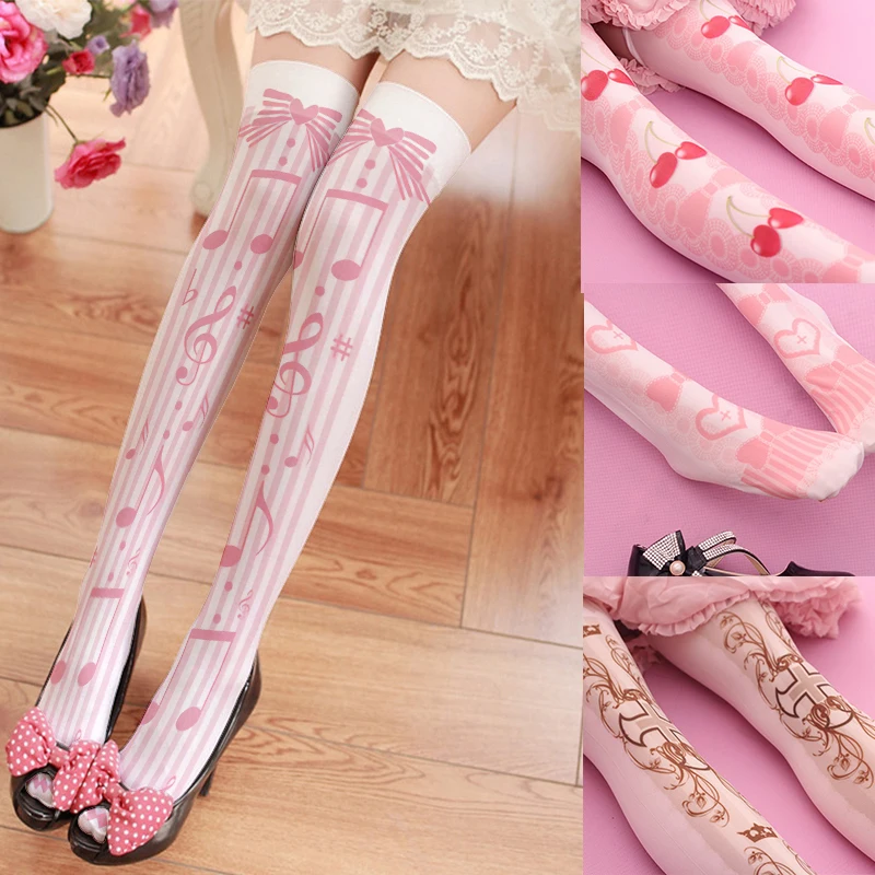 

Cute pink princess Lolita over the knee stockings love bow printed stockings girl summer thin party dating socks cosplay