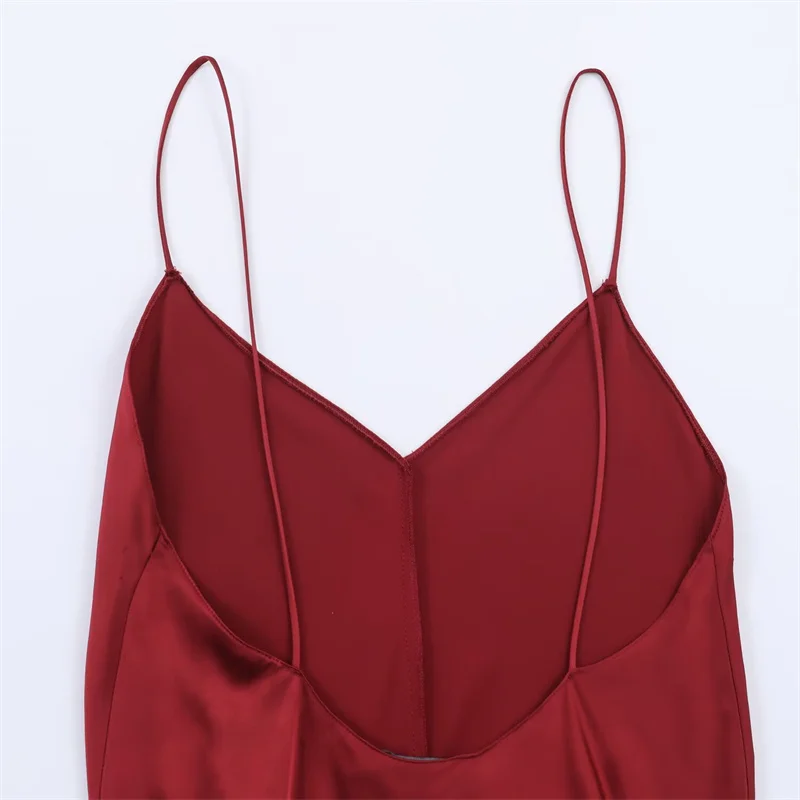 فستان نسائي 2025 شتاء جديد أحمر السباغيتي حزام الساتان الخامس الرقبة مثير شق فستان ماكسي أنيق وأنيق #5