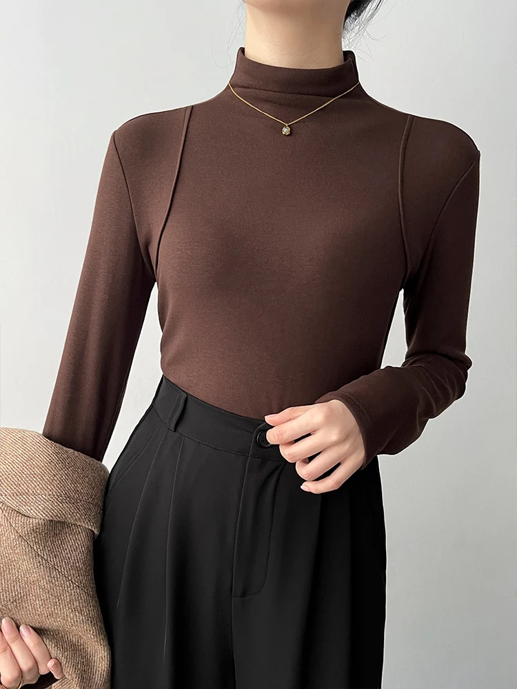 Korean Style Women's Long Sleeve Fleece Lined Thickened Half High Collar Base Shirt Fashionable Inner Wear T-shirt for Spring