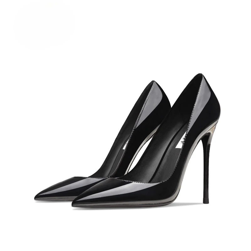 

Black patent leather high heels, women's new pointed shallow mouth sexy banquet professional temperament commuting single shoes