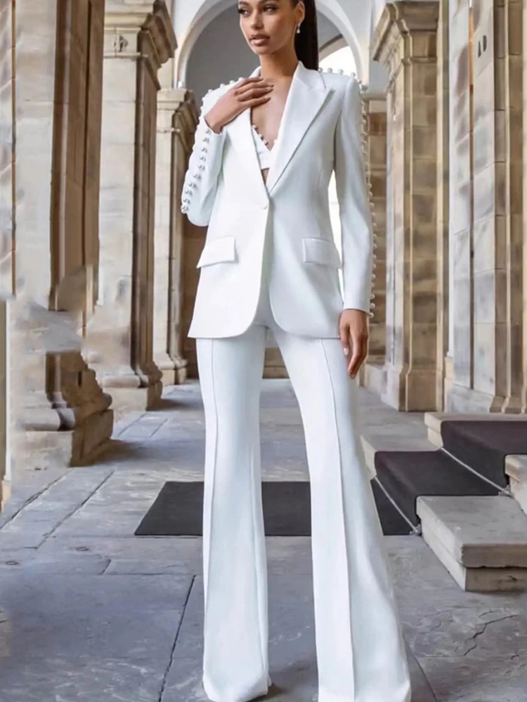 White Blazer Pants Suits with Pearls New Designer Pearl Embellished Suit Set Slim Handmade Pants Sets Two Pieces Sets Outfits