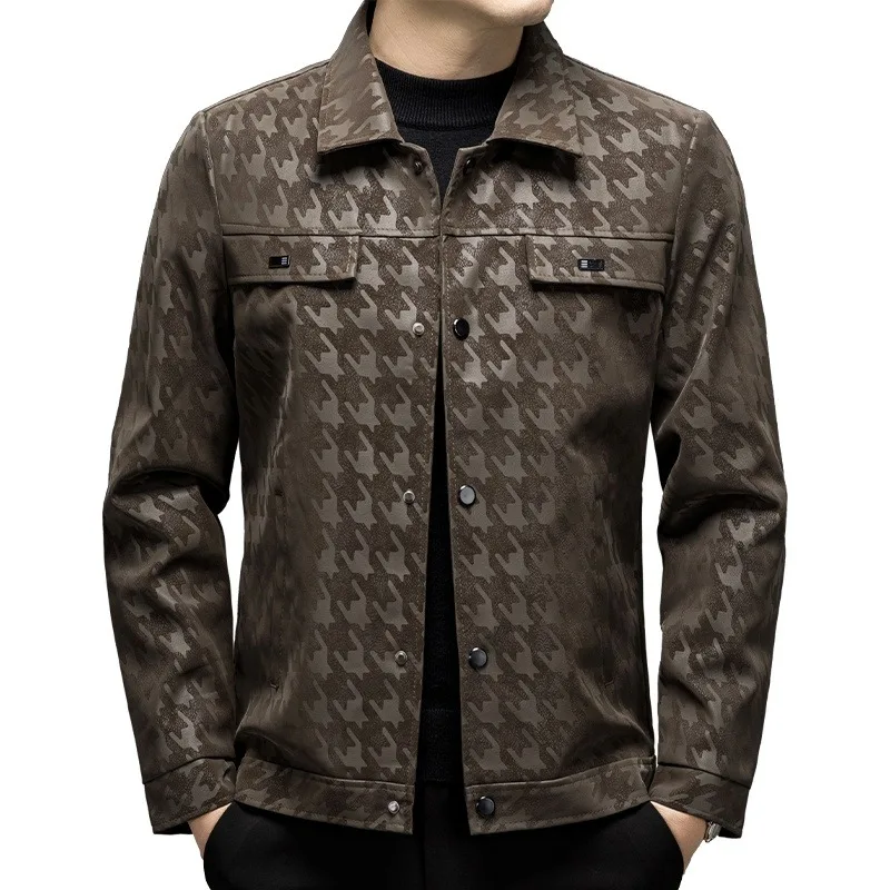 

Men's Vintage Design Leather Jacket American Workwear Style Business Casual Pu Jackets Man Retro Solid Color Textured Coat Men