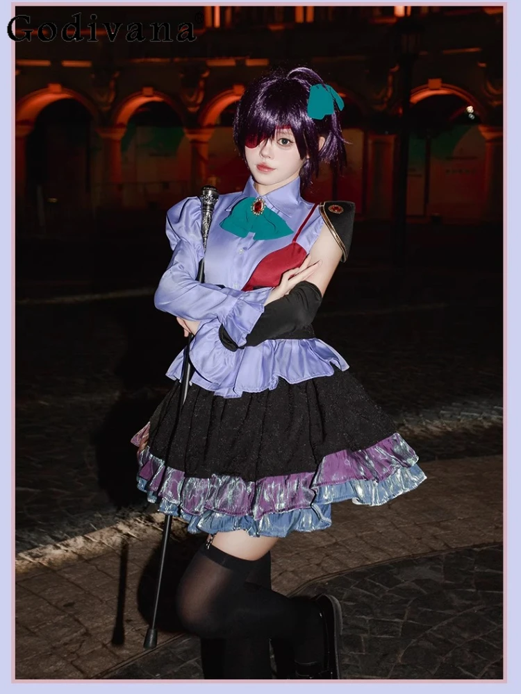 

Personality Turn-down Collar Irregular Long Sleeve Loose Shirt Chic Girls High Waist A-line Versatile Party Cosplay Skirt Sets