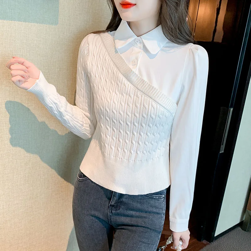 Korean Patckwork Sweater Women Autumn Winter Long Sleeve Pullover Fake Two Piece Knitted Top Vintage Sweaters Pull Femme