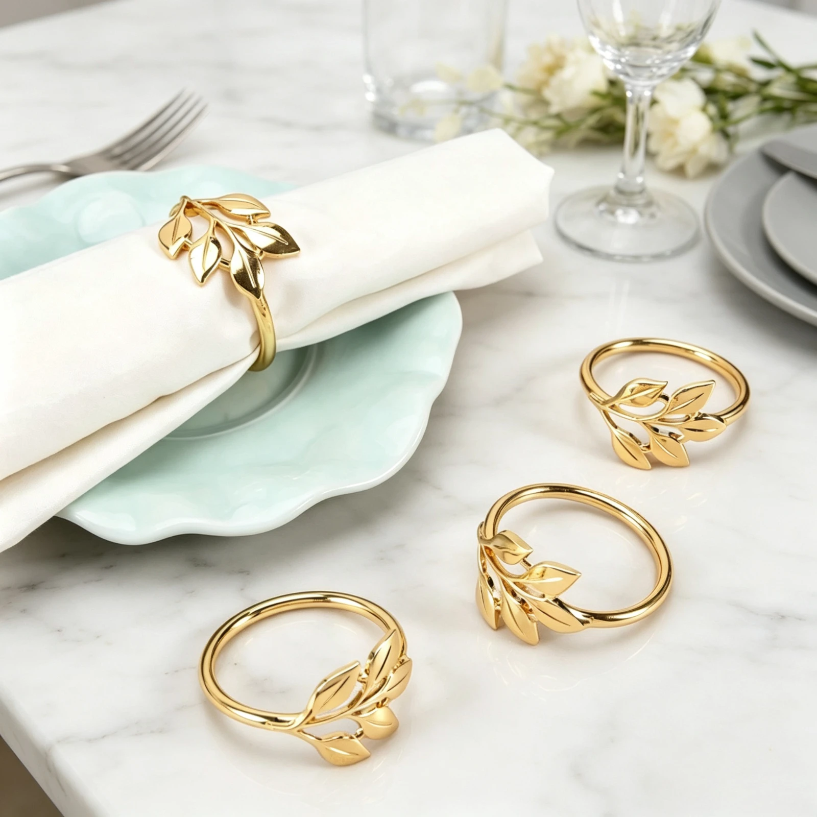 12pcs Golden Leaf Napkin Rings Set Elegant Olive Branch Napkin Holders for Table Setting Wedding Party Banquet Dinner Decoration