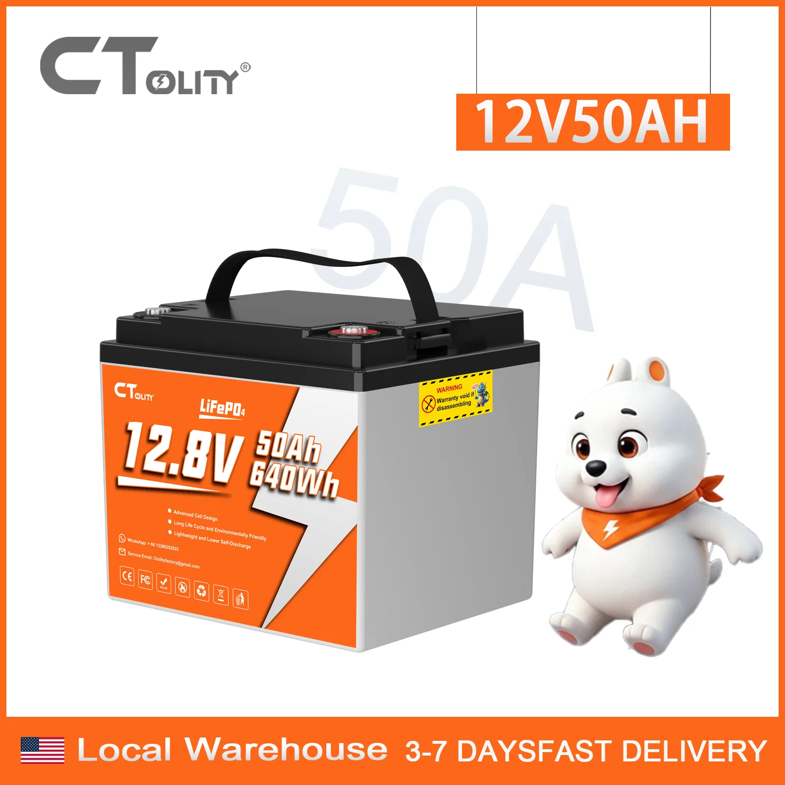 Ctolity 12V 50Ah LiFePO4 Battery Pack 640Wh 15000+ Cycles Deep Cycle Lithium Iron Phosphate Battery Built-in BMS for RV Camping Solar Trolling Motor