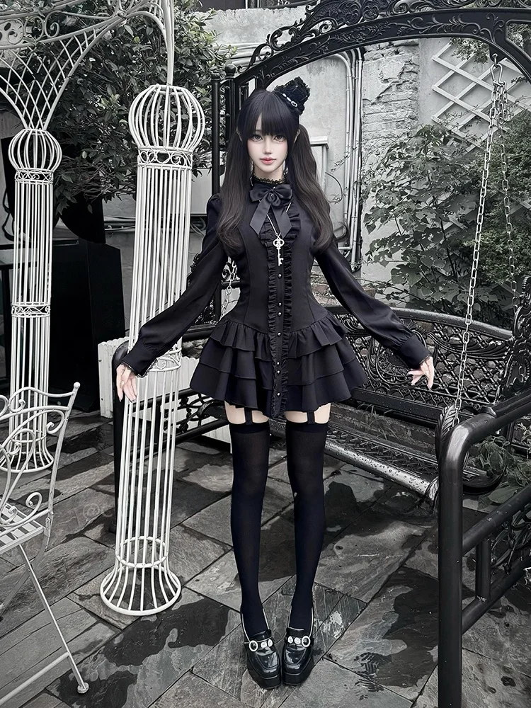 

Ретро-платье с кружевом и длинными рукавами для женщин, с высокой талией, пышной короткой юбкой, модная готическая одежда для свиданий и повседневного использования