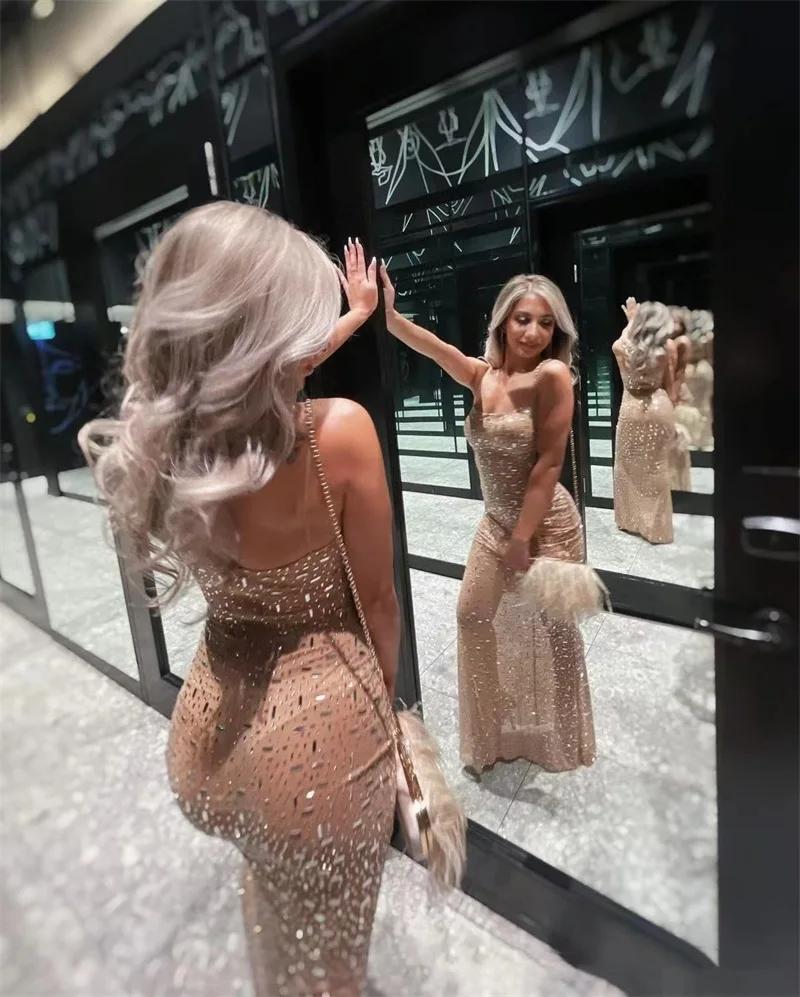 Sequins Rhinestone Women Prom Dress Spaghetti Strap Boat Neck Party Gown Glamorous Sleveeless Evening Long Dress Newest In Stock