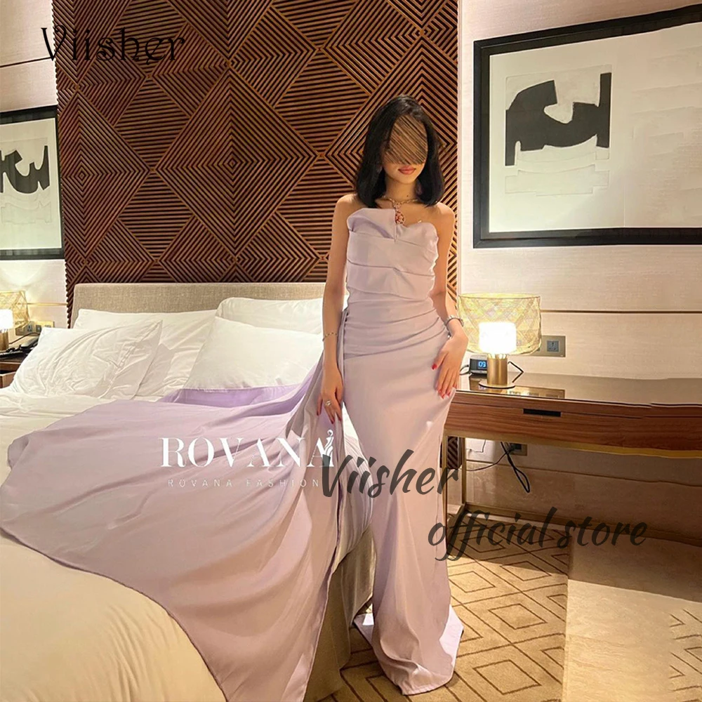 

Lilac Mermaid Evening Dresses with Train Pleats Satin Strapless Arabic Dubai Formal Prom Dress Floor Length Evening Party Gowns